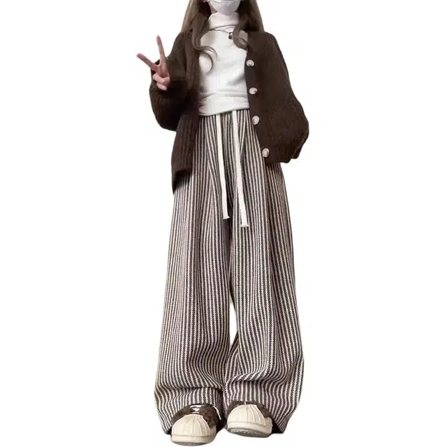 欧迪芬 阔腿裤复古宽松高腰休闲裤 女款