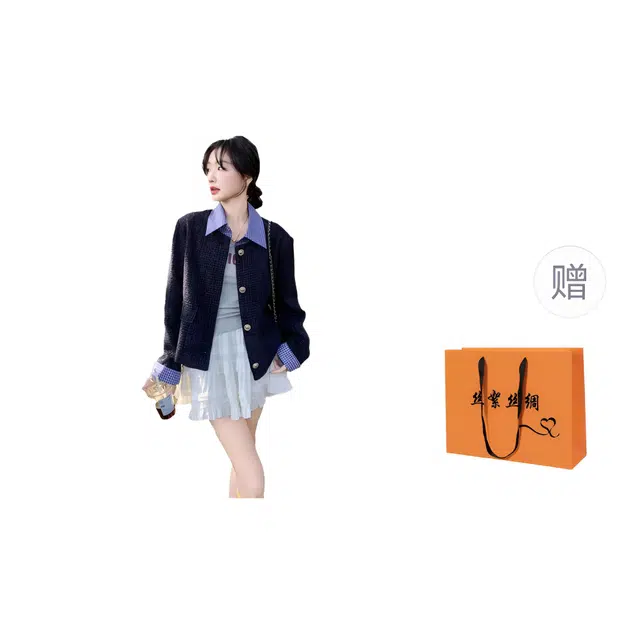 丝絮丝绸 复古格子早秋韩系绝美小香风轻薄截短外套 女款