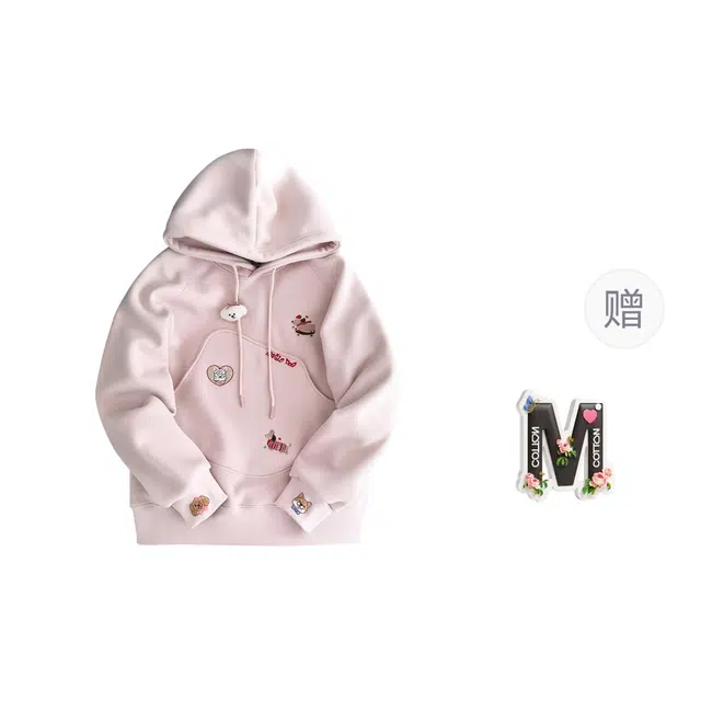 棉购 连帽卡通刺绣潮流宽松韩版学生口袋带帽套头休闲加厚外套卫衣 女款