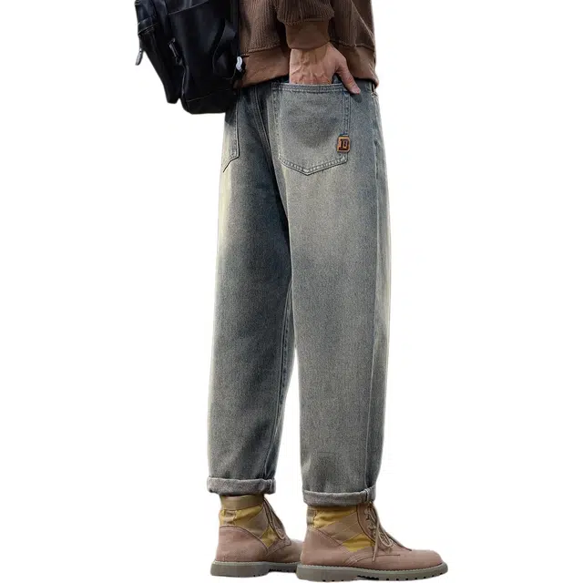协协乐 高街风美式复古简约时尚春秋季宽松直筒阔腿锥形萝卜裤九分青少年百搭休闲运动长裤牛仔裤 男款