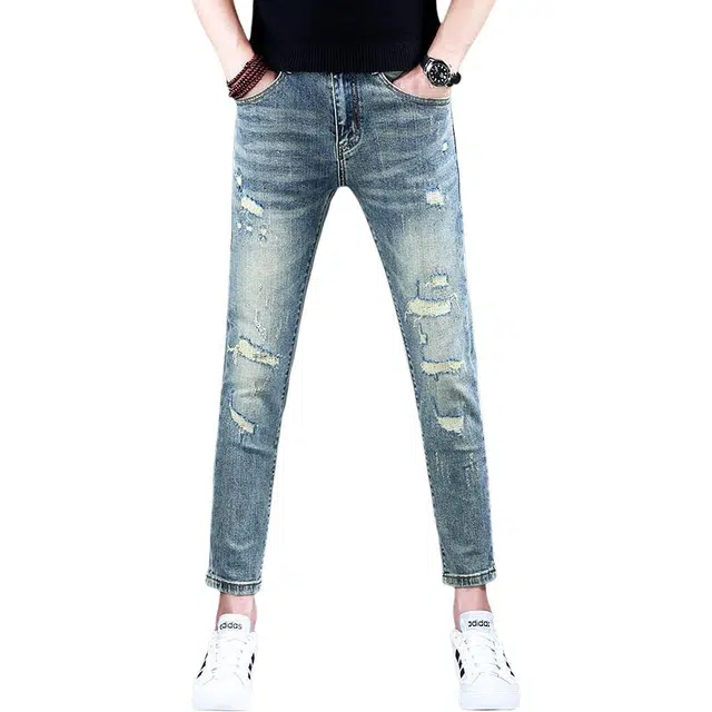 吉肯蒂 潮流修身百搭弹力时尚小脚裤破洞牛仔裤 男款