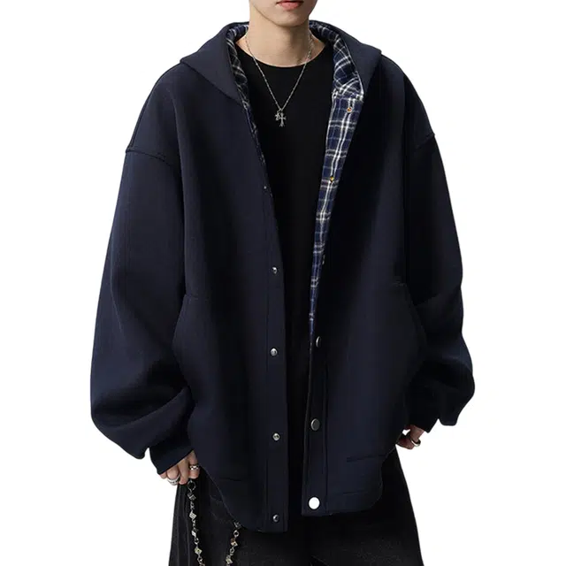 冈哉 纯色单排扣内衬格子拼接连帽开衫设计美式复古无性别主义宽松百搭休闲时尚潮流卫衣 男女同款