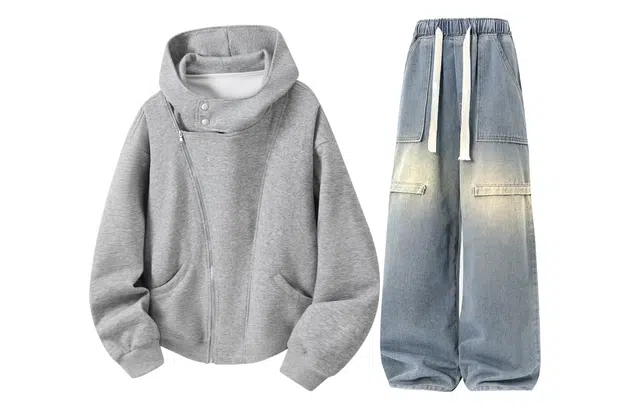 梓润格 飒酷个性机车风宽松翻领设计感开衫夹克大口袋牛仔裤美式潮牌直筒裤子卫衣套装 男女同款