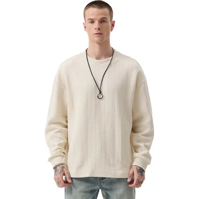 逆腾 秋季圆领高级感长袖上衣男提花宽松毛衣打底衫男士慵懒风针织衫 男女同款