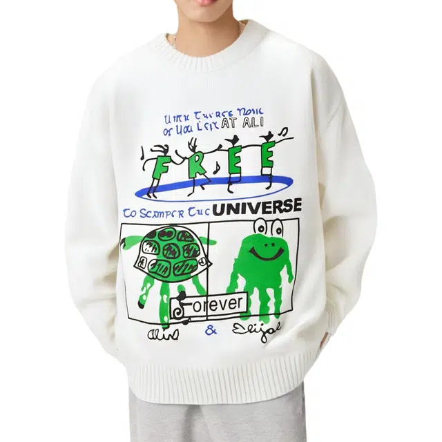 赫赫良衣 美式复古春秋基础款毛衣圆领多巴胺涂鸦趣味图案长袖上衣舒适柔软保暖休闲百搭文艺时尚潮流设计感氛围慵懒针织衫 男女同款