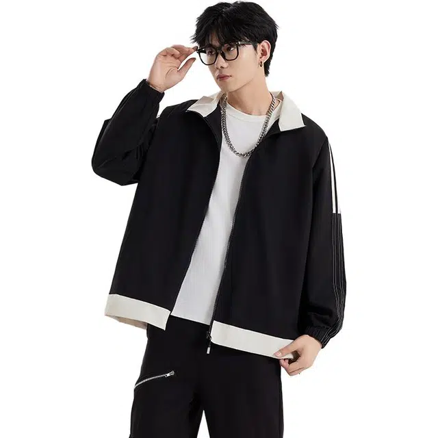 冈哉 美式复古拼接织带撞色立领痞帅飞行外套百搭个性潮流潮牌时尚慵懒感日常通勤柔软舒适亲肤夹克  男女同款