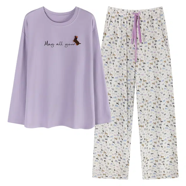 俏薇妮 春秋季纯棉高档休闲宽松大码圆领长袖长裤家居服可外穿睡衣套装 女款