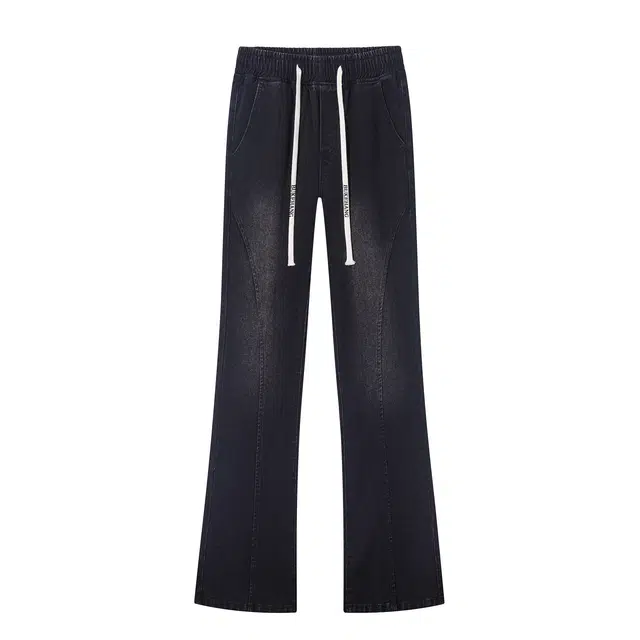 【分割拼接微喇显高显瘦】布客行 美式高街修身复古水洗做旧磨白亲肤柔软透气抽绳系带休闲百搭长裤子废土风直筒垂感阔腿牛仔裤 男女同款