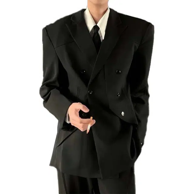 艾梵斯贝 美式复古潮流轻奢设计感小众解构拼接双排扣垫肩宽肩窄腰韩版时尚修身休闲商务男模高级感百搭西装 男款