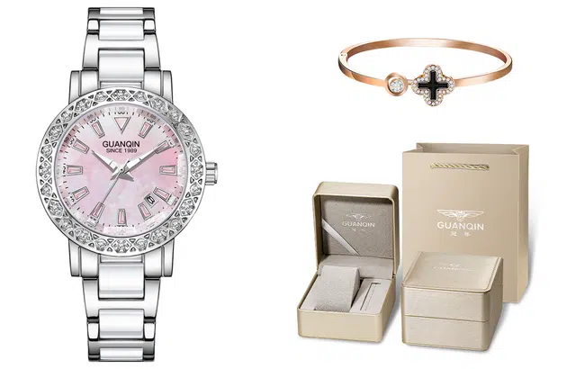 冠琴 缤纷系列 潮流时尚高颜值百搭防水腕表 石英机芯 钢表带 国表 女表 粉色表盘