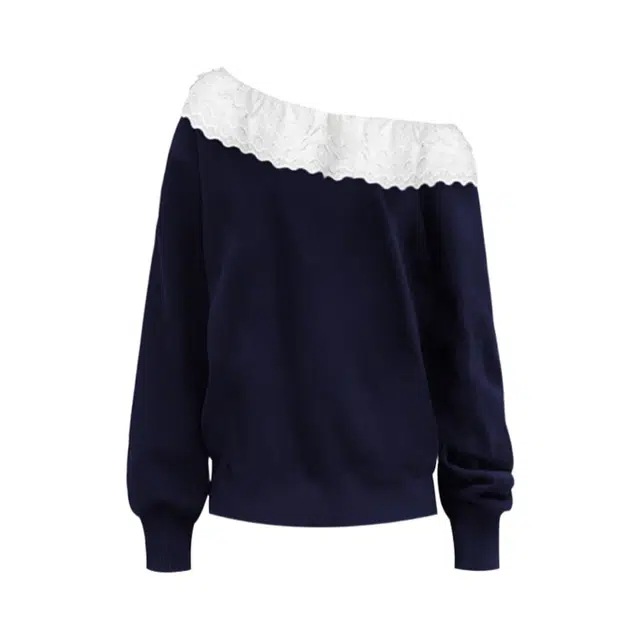 苏九儿 极简法式斜肩蕾丝花边小众长袖卫衣 女款