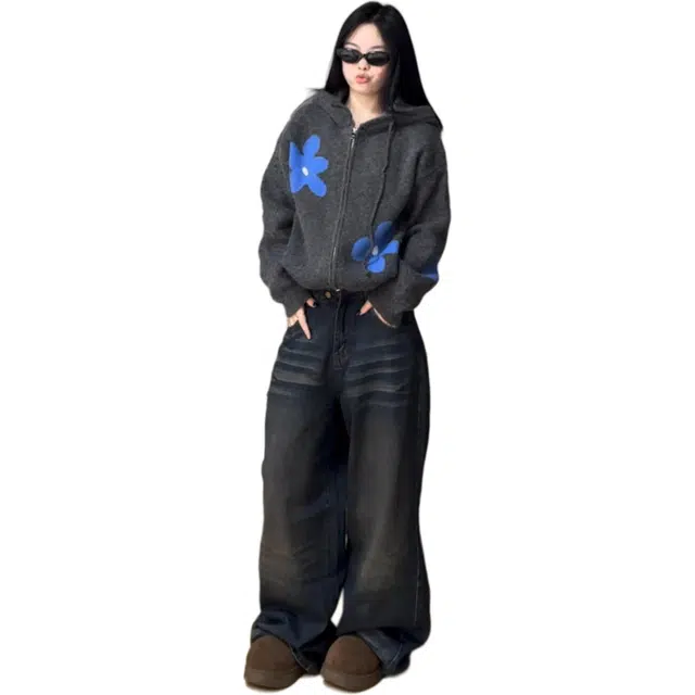 沐晓欣 韩系拉链连帽针织衫开衫毛衣女秋冬季外套上衣牛仔裤两件套休闲套装 女款