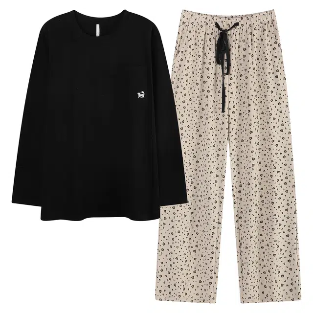 俏薇妮 春秋款拉架长袖长裤简约宽松圆领套头家居服睡衣套装 女款