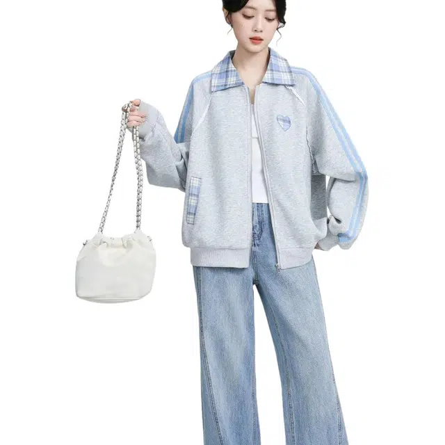 邓大喵 拼接设计撞色学院翻领秋冬外套休闲宽松慵懒小众开衫卫衣 女款