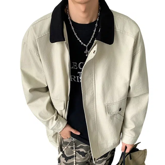 顶峰保罗 美式复古哈灵顿拼接撞色翻领重磅纯棉工装无性别主义潮流宽松加肥加大休闲长袖机车简约百搭显高显瘦夹克外套 男女同款