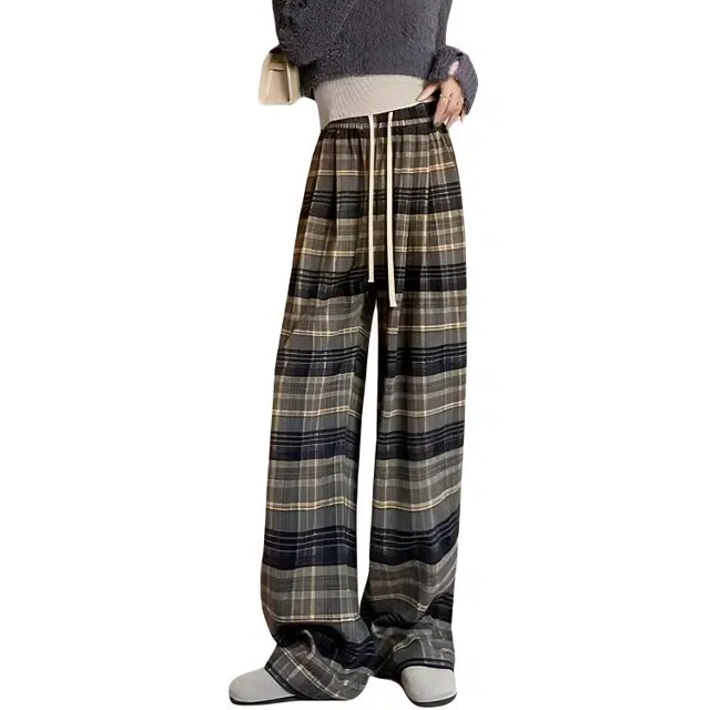 欧迪芬 黄色格子春秋街头风高腰长裤休闲裤 女款