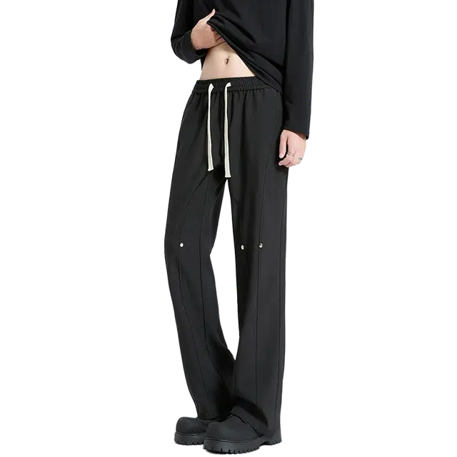 一碗士多 美式复古高街小众纯色简约百搭个性时尚痞帅拼接设计感铆钉垂感直筒阔腿通勤日常户外运动系带经典款休闲裤 男女同款