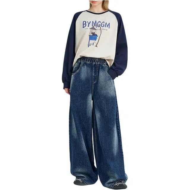 木果果木 秋季 复古做旧高腰牛仔裤 宽松 女款