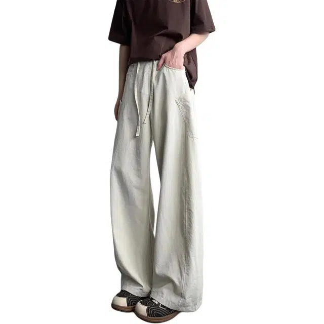 大格子与黑猫 宽松口袋男士垂感弯刀阔腿休闲裤日系裤子夏季纯色工装裤 男款