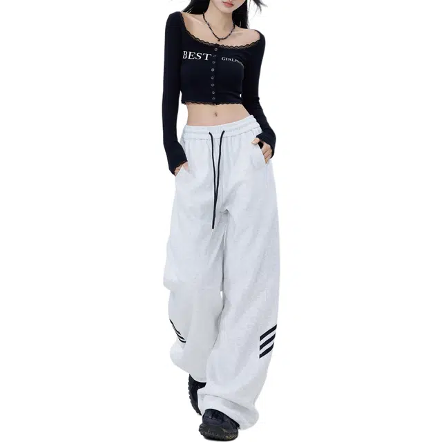 如续 美式复古运动风松紧腰系带设计感直筒长裤潮流百搭垂坠感拖地休闲裤 女款
