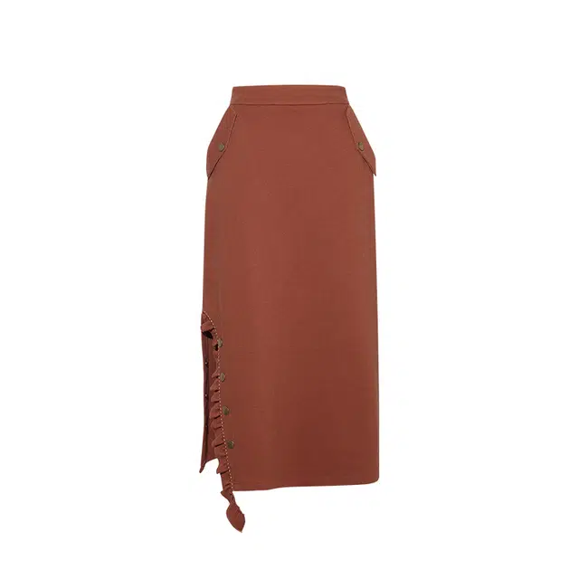 两三事 专属宠爱 复古文艺风时尚小众设计感宽松舒适百搭高腰显瘦荷叶边拼接开叉半身裙休闲长裙 女款