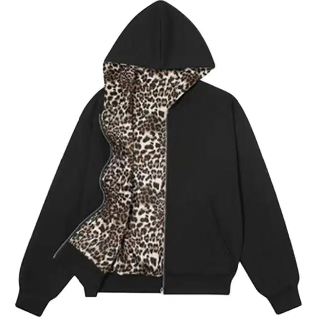 爱肯 美式重磅双面穿宽松连帽豹纹开衫外套潮牌时尚休闲无性别主义百搭秋款中性卫衣 男女同款