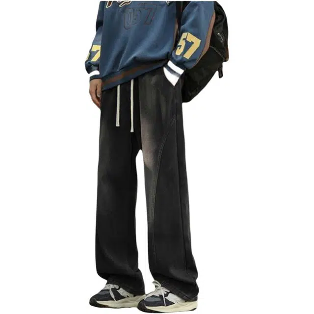 海尔斯 简约百搭美式高街水洗舒适中腰系带宽松牛仔裤 男款