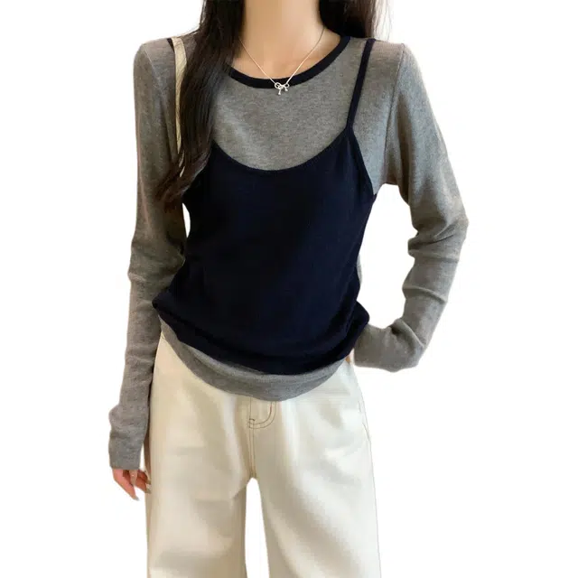 沐晓欣 秋季韩版撞色减龄假两件内搭长袖女上衣打底衫 女款