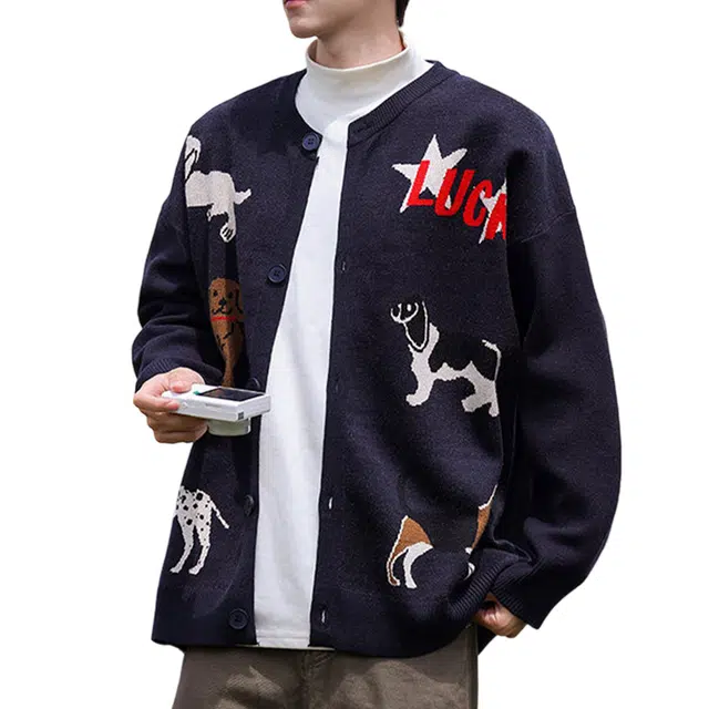 冈哉 个性动物小狗字母刺绣图案纯色简约设计美式慵懒风长袖开衫圆领单排扣打底衫休闲宽松落肩针织衫 男女同款