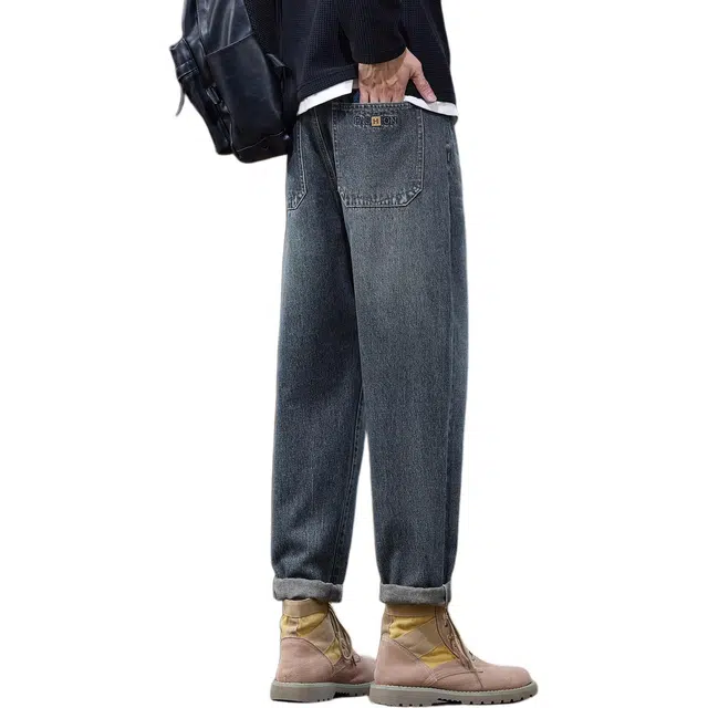 协协乐 美式复古做旧水洗春秋季男士时尚潮牌宽松直筒阔腿萝卜裤九分高街休闲百搭运动长裤牛仔裤 男款