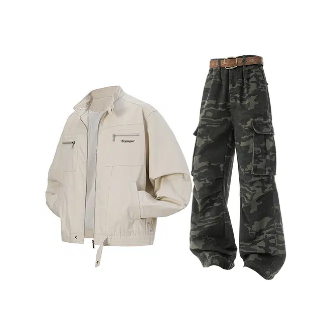 梓润格 百搭春季时尚简约夹克外套迷彩氛围感宽松学院酷飒青春校园风无性别主义牛仔裤美式高街设计感打褶工装休闲运动装 男女同款