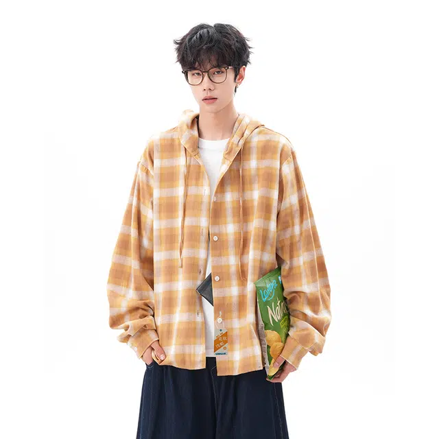 北欧攻略 学院风格子男美式复古连帽衬衣亲肤柔软潮牌痞帅高级感开衫外套衬衫 男女同款