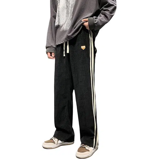 左岸 青少年港风时尚帅气潮流插条拼接灯芯绒卫裤长裤宽松直筒柔软舒适轻便垂感阔腿裤春秋季休闲裤 男款