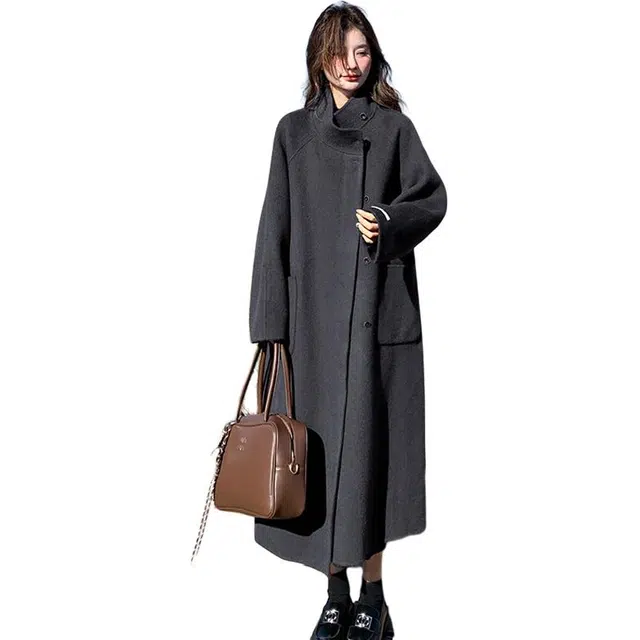 稻草人 时尚韩版宽松休闲大口袋系腰带秋冬外套羊毛大衣 女款