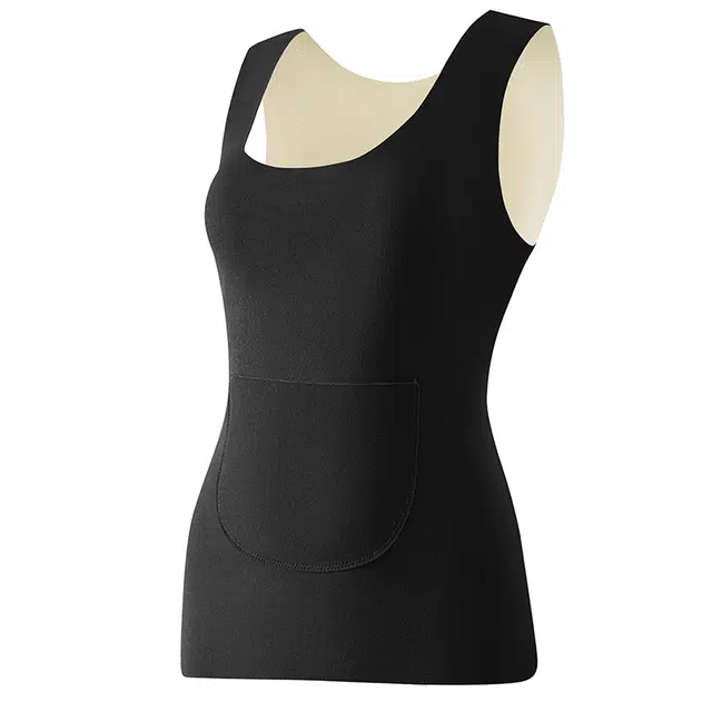 二三二三 加大加厚贴身纯色秋衣无袖无痕舒适柔软内衣前后带口袋暖贴发热打底衣时尚百搭简约日常保暖上装 女款