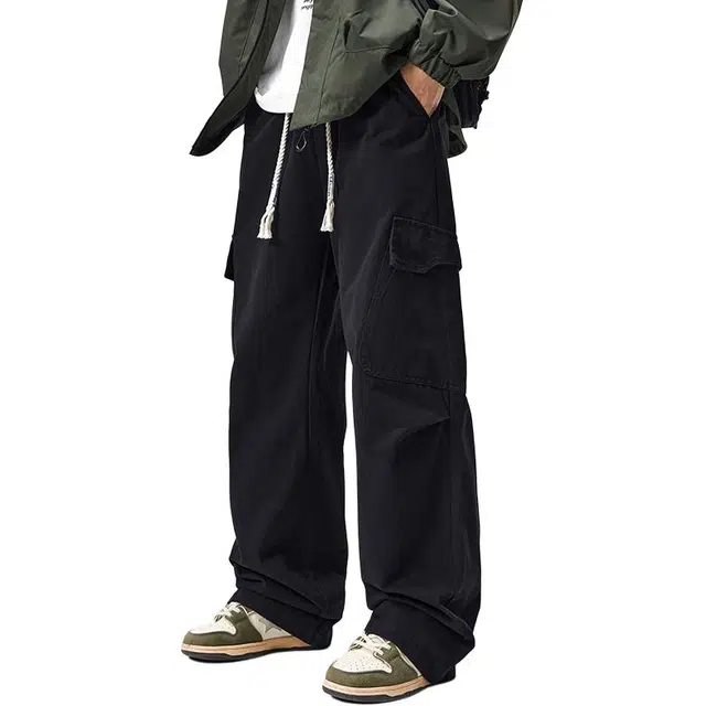 杜克恩 重磅纯棉阔腿休闲长裤秋季美式高街潮牌纯色大口袋抽绳青少年宽松百搭直筒工装裤 男款