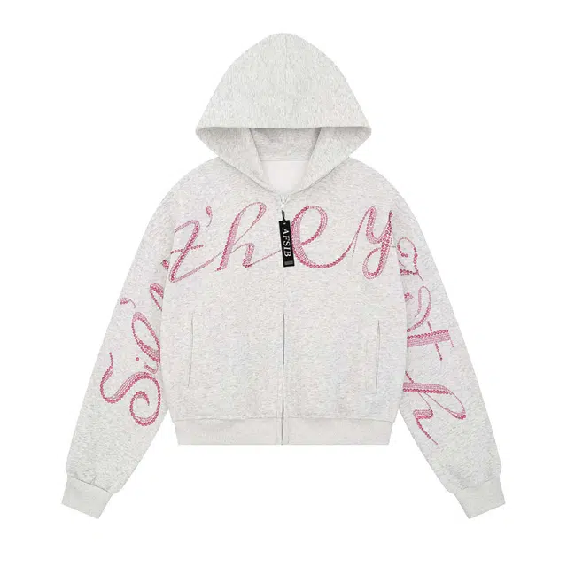 艾梵斯贝 美式复古潮流满钻钉珠字母设计感高街风潮酷个性街头无性别日常通勤百搭宽松休闲慵懒风开衫连帽情侣款卫衣 男女同款