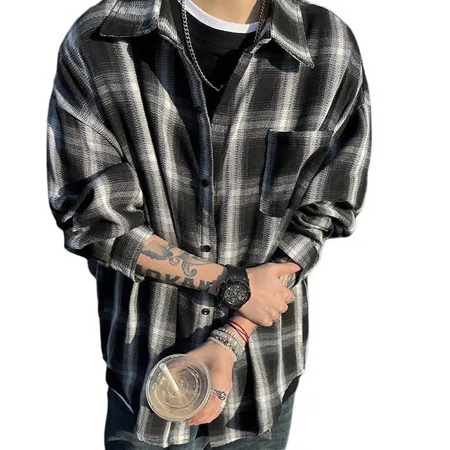 冈哉 美式复古经典配色格纹长袖翻领基础款百搭宽松叠穿潮搭垂感痞帅舒适打底内搭外穿衬衫 男女同款