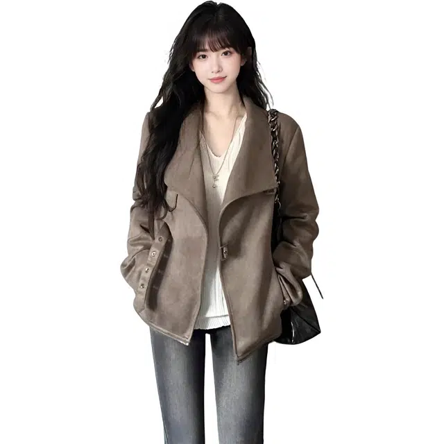 小卷要加油 高级感麂皮短款外套女春秋设计感辣妹修身显瘦上衣潮夹克 女款