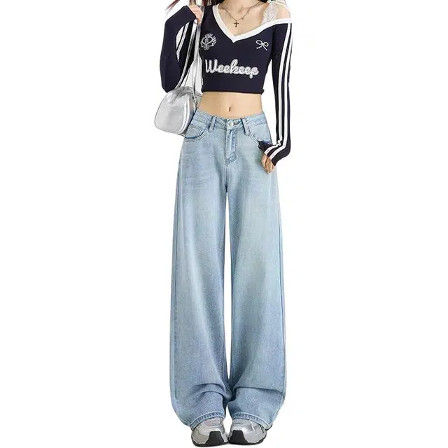 木果果木 简约宽松垂直顺滑标准休闲高腰长裤牛仔裤 女款