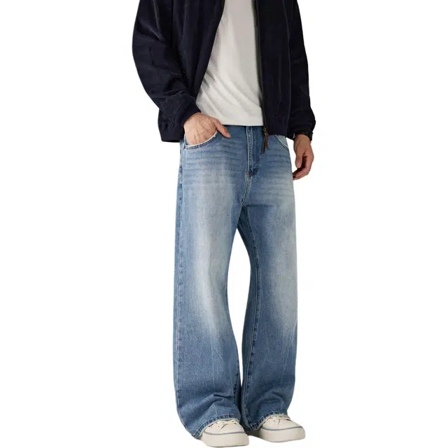 帝狼牛 复古水洗做旧线条设计感浅色宽松直筒显瘦百搭牛仔裤 男女同款