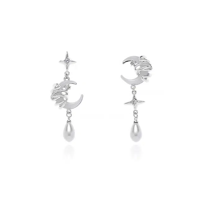 清脆小溪 不对称缠绕闪星月亮时尚小众精致高级感设计轻奢气质个性潮流百搭 锆石 耳环 女款