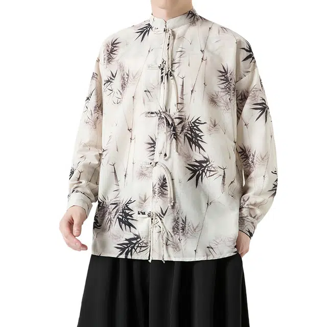加荣 新中式唐装男款衬衫经典纯色竹叶提花设计衣服款宽松舒适长袖日常通勤百搭简约外套男春秋时尚潮流复古国潮男士上衣 男女同款