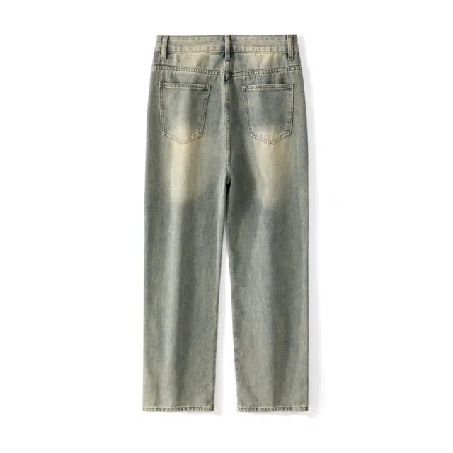 下层基础 美式柔感不硬舒适亚比风复古高街通勤做旧水洗中腰废土风宽松弹力百搭裤垂感分割直筒牛仔裤  男女同款