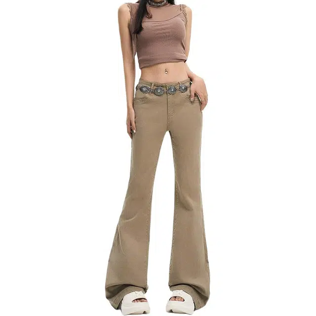 如续 美式复古纯色基础款百搭微喇长裤潮流舒适休闲垂感拖地牛仔裤 女款