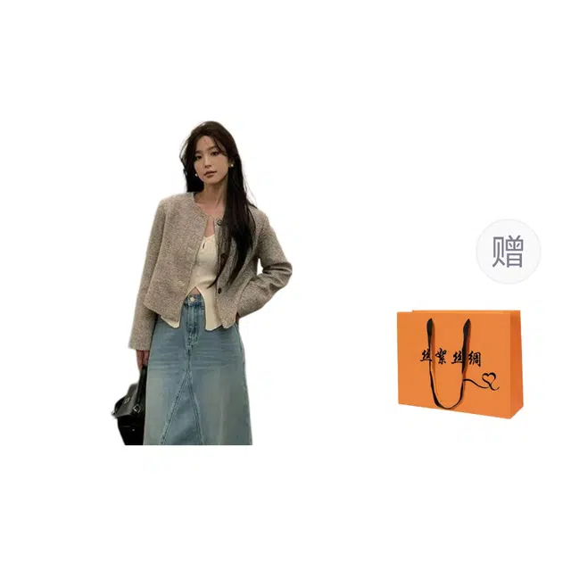 丝絮丝绸 时尚气质复古圆领条纹宽松截短外套 女款