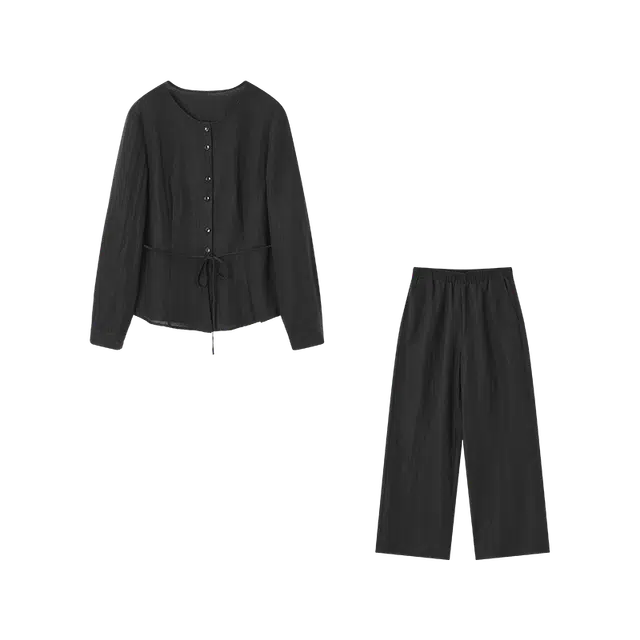 佐塞斯 通勤松弛感显瘦长袖上衣长裤两件套肌理感休闲套装 女款