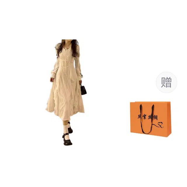 丝絮丝绸 法式蕾丝纯欲春秋季气质收腰赫本风长裙子长袖连衣裙 女款