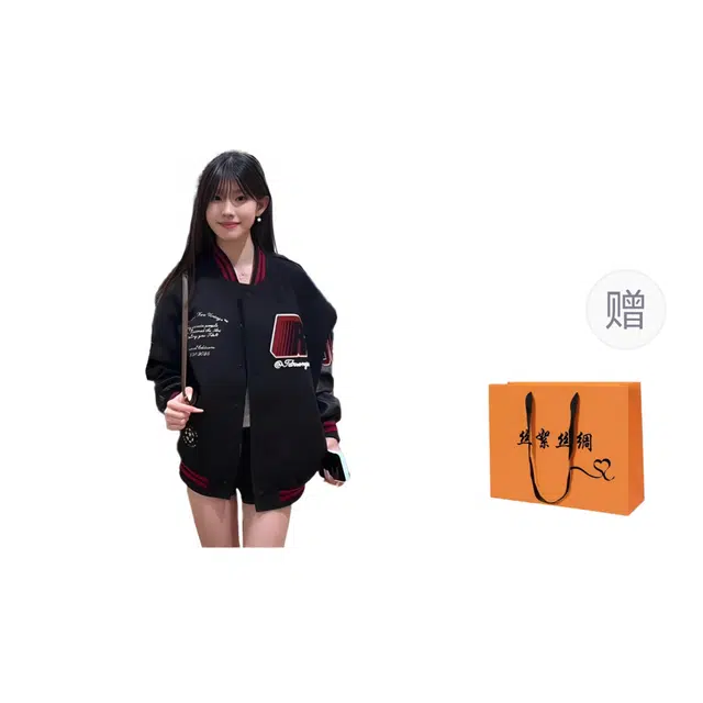 丝絮丝绸 美式复古学院风棒球服春秋小众夹克截短外套 女款