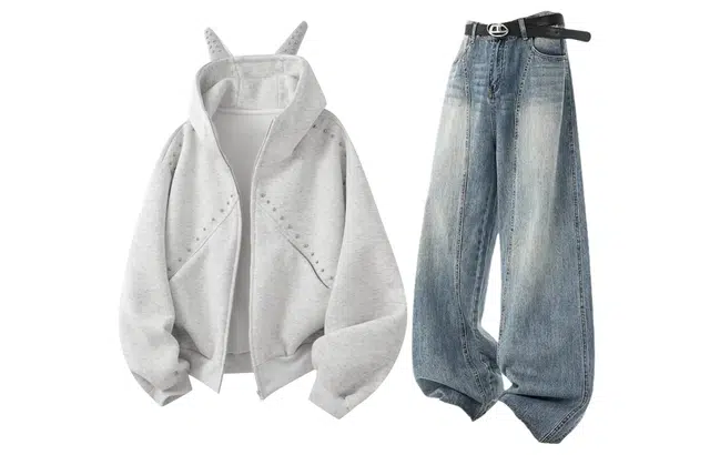 梓润格 美式高街小众解构个性创意设计感铆钉外套复古潮流高级感水洗牛仔长裤弯刀裤卫衣套装 男女同款